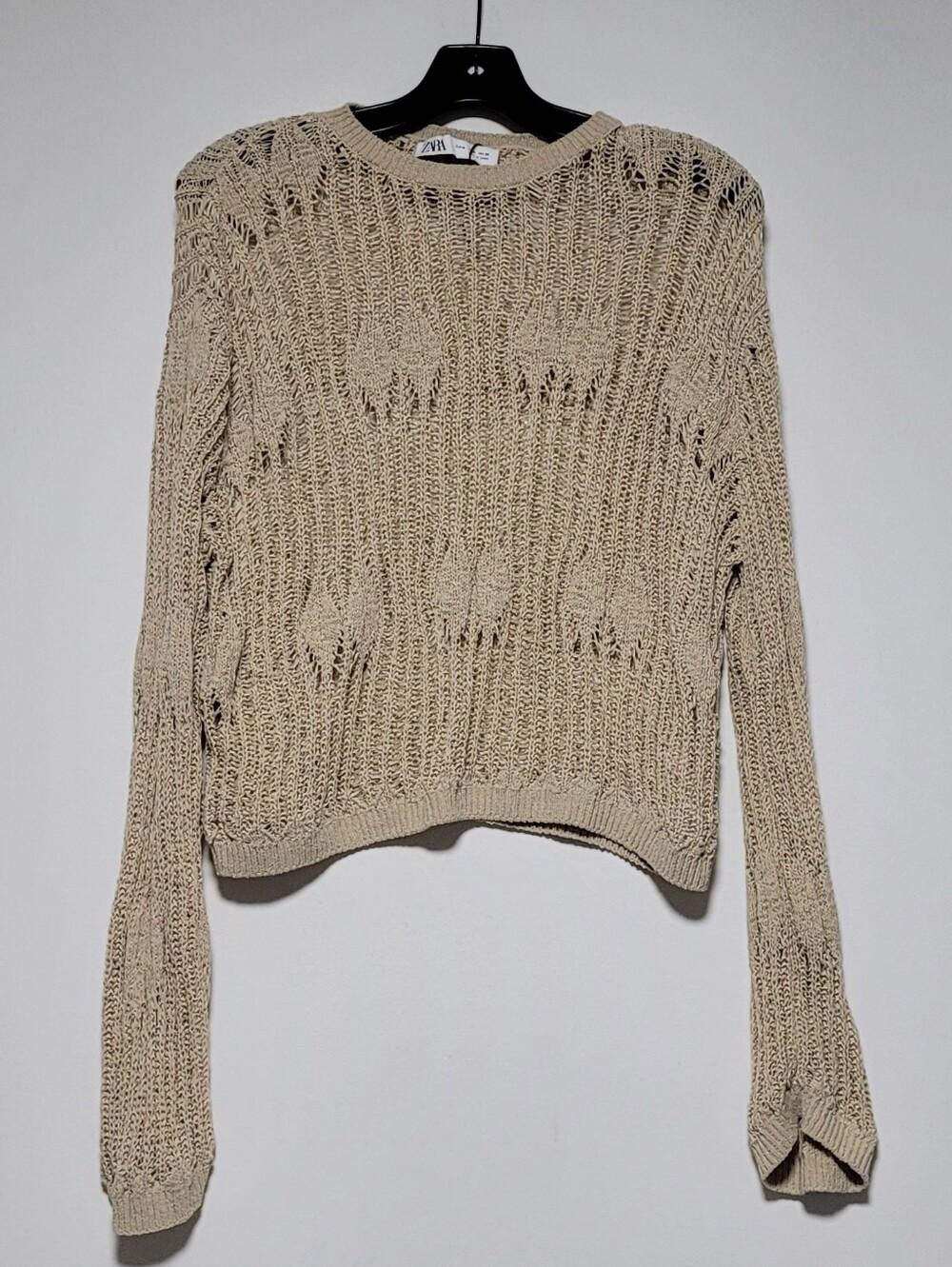 Zara Boho, Textured, Open-knit, Crochet Cropped, Comfy Sweater